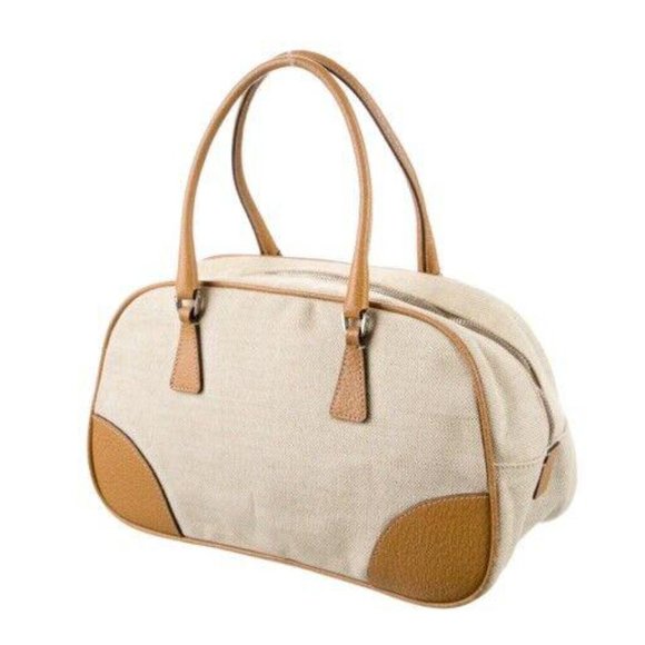 Prada Cinghiale Trimmed Beige Canapa Bowler Bag Camel Leather Handles - Picture 3 of 7